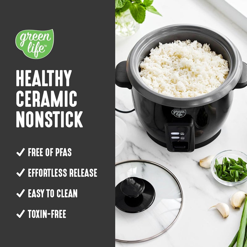 GreenLife Rice Cooker with Removable PFAS-Free Nonstick Pot, 3-Cups Uncooked/6-Cups Cooked, One-Switch Design, Auto Keep Warm Function, Soup, Grains, Oatmeal, Wood Handle, Black - Image 3